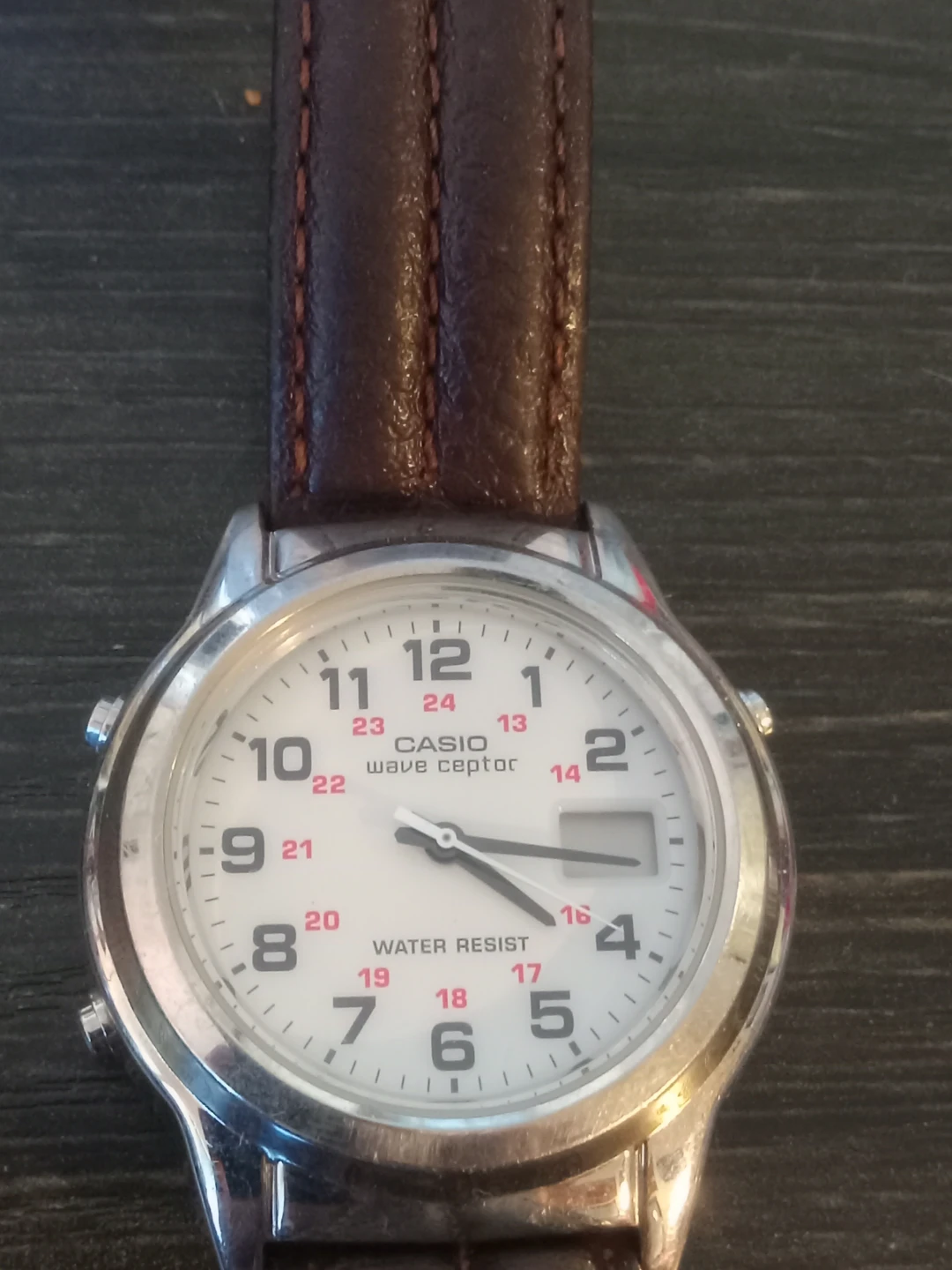 Casio Wave Ceptor Watch with Brown Leather Strap