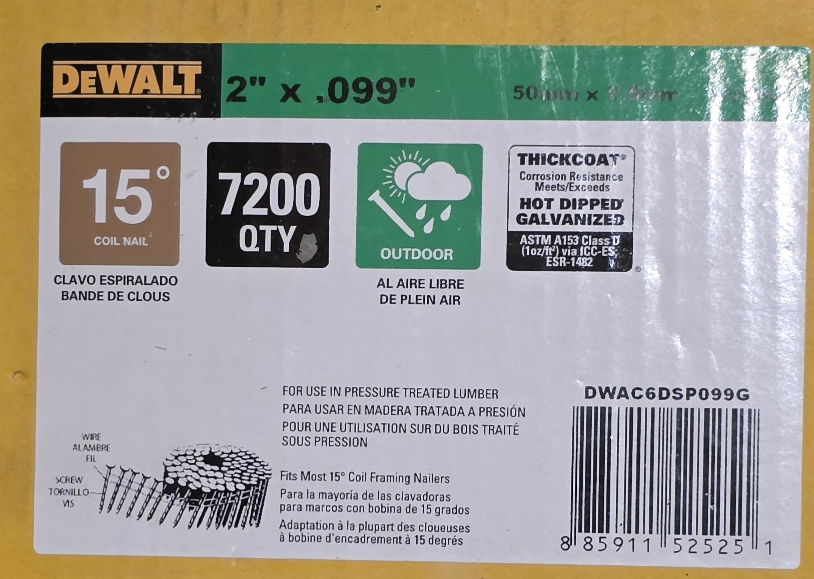 DeWalt 2" x .099" 15 Degree Coil Nails - 7200 Count