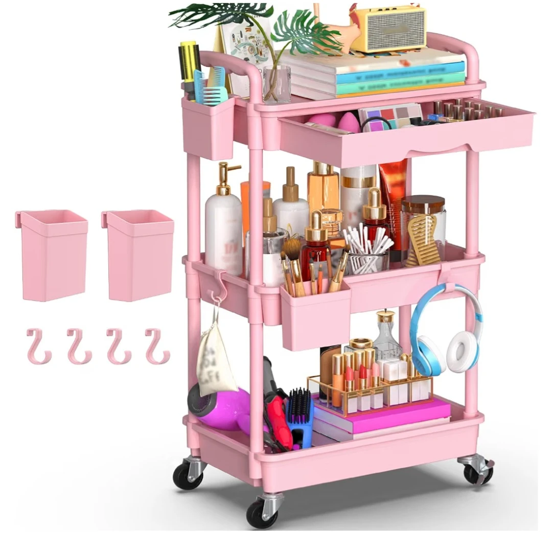 Pink 3-Tier Rolling Kitchen Storage Cart – $40