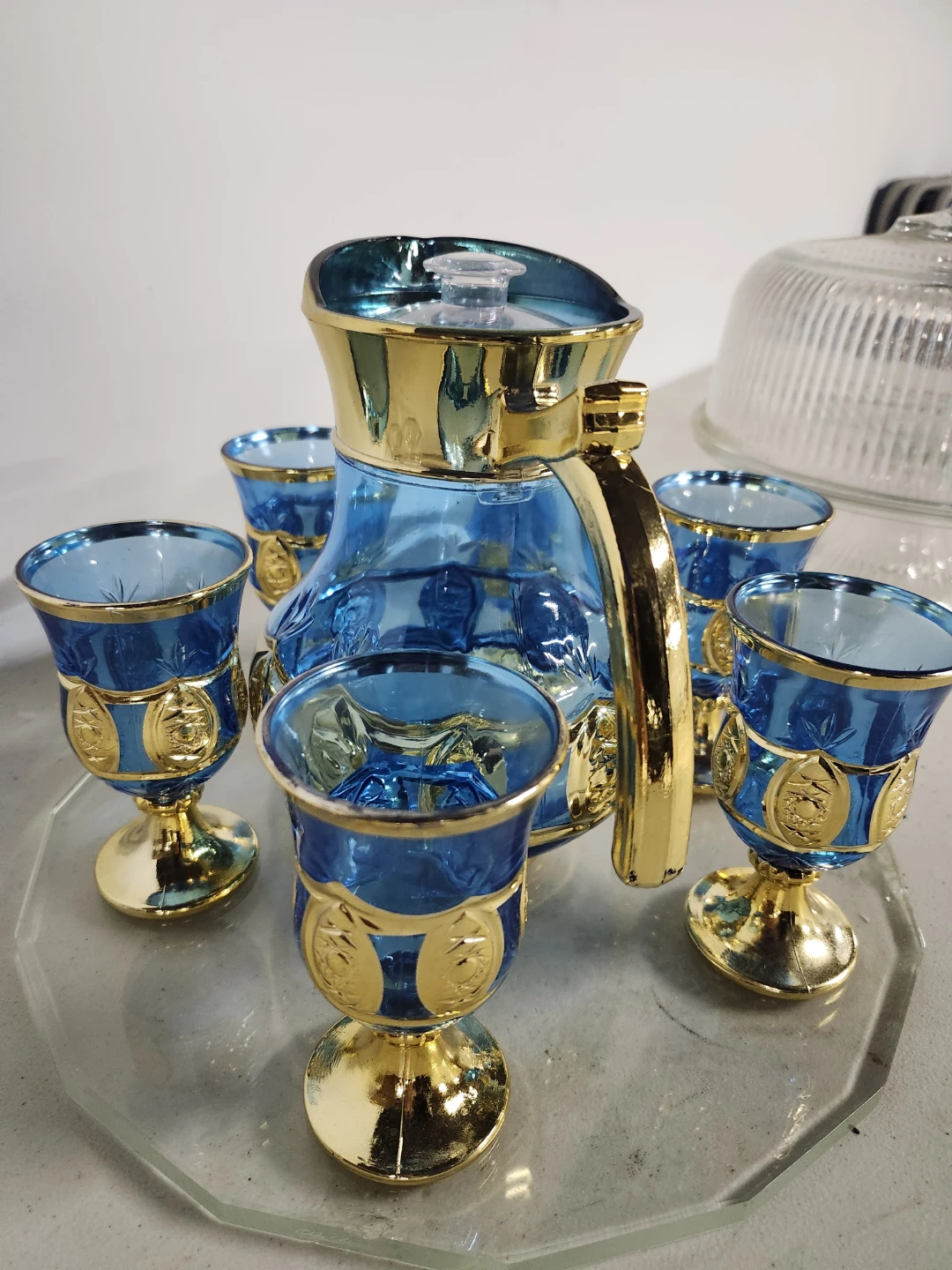 Blue and Gold Glass Pitcher and 5 Goblet Set