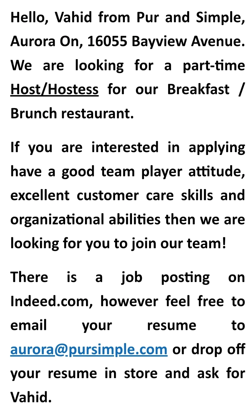 Host / Hostess job in Aurora, On