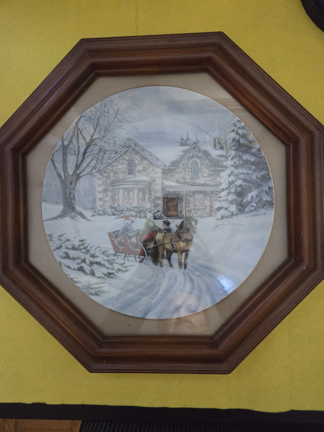 S. Deaville Winter Sleigh Ride Collector Plate in Wood Frame