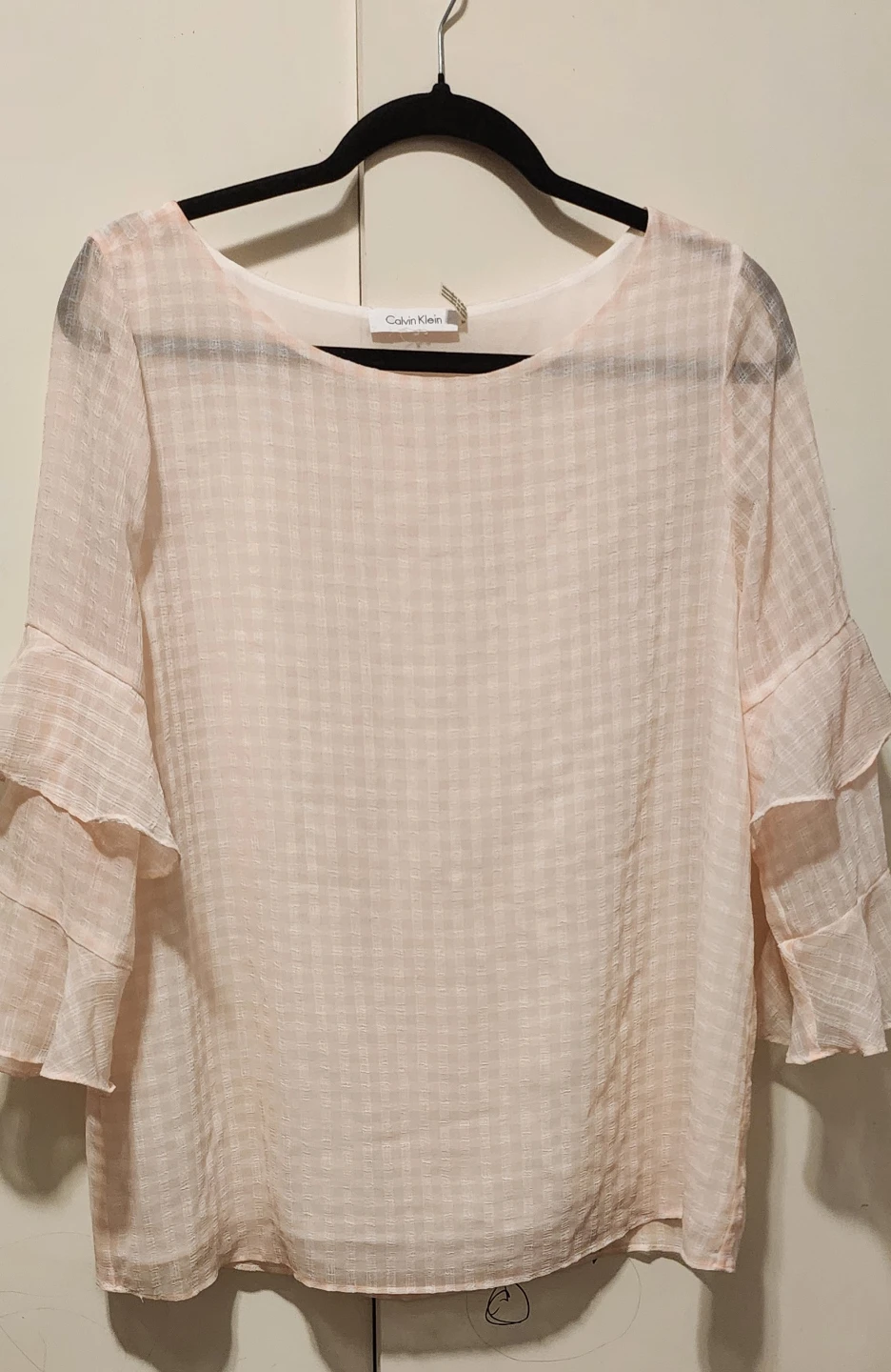 Calvin Klein blush pink gingham ruffle sleeve blouse