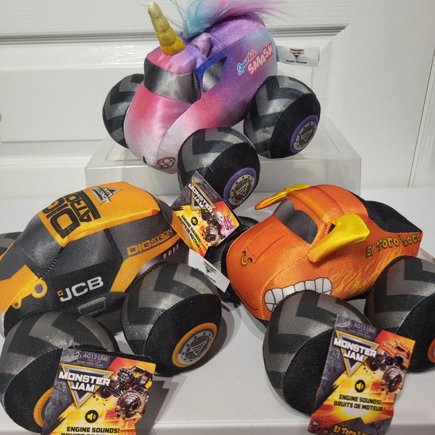 Monster Jam Plush Toys JCB, El Toro Loco and Sparkle Smash