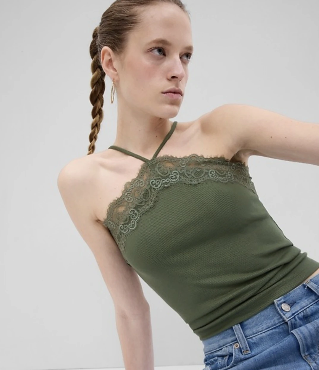 Gap Olive Green Ribbed Lace Cami - Size Medium