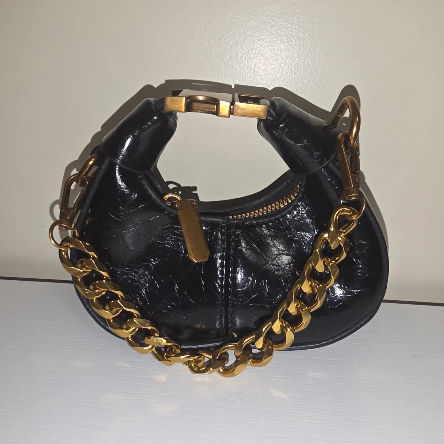 Black Croc-Embossed Mini Handbag with Gold Chain - photo 3