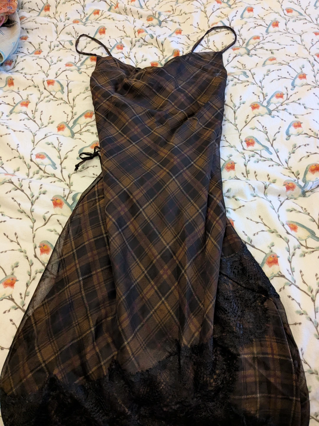 Simons Plaid Lace-Trim Slip Dress