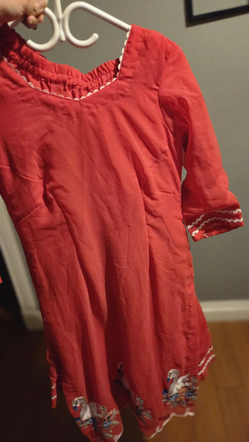 Red Embroidered Long Sleeve Dress