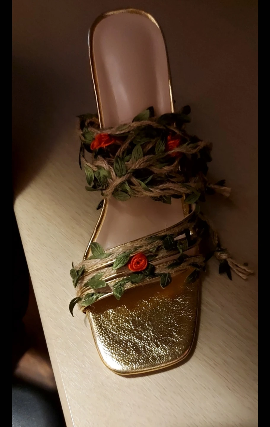 Gold Heeled Sandals with Floral Detail