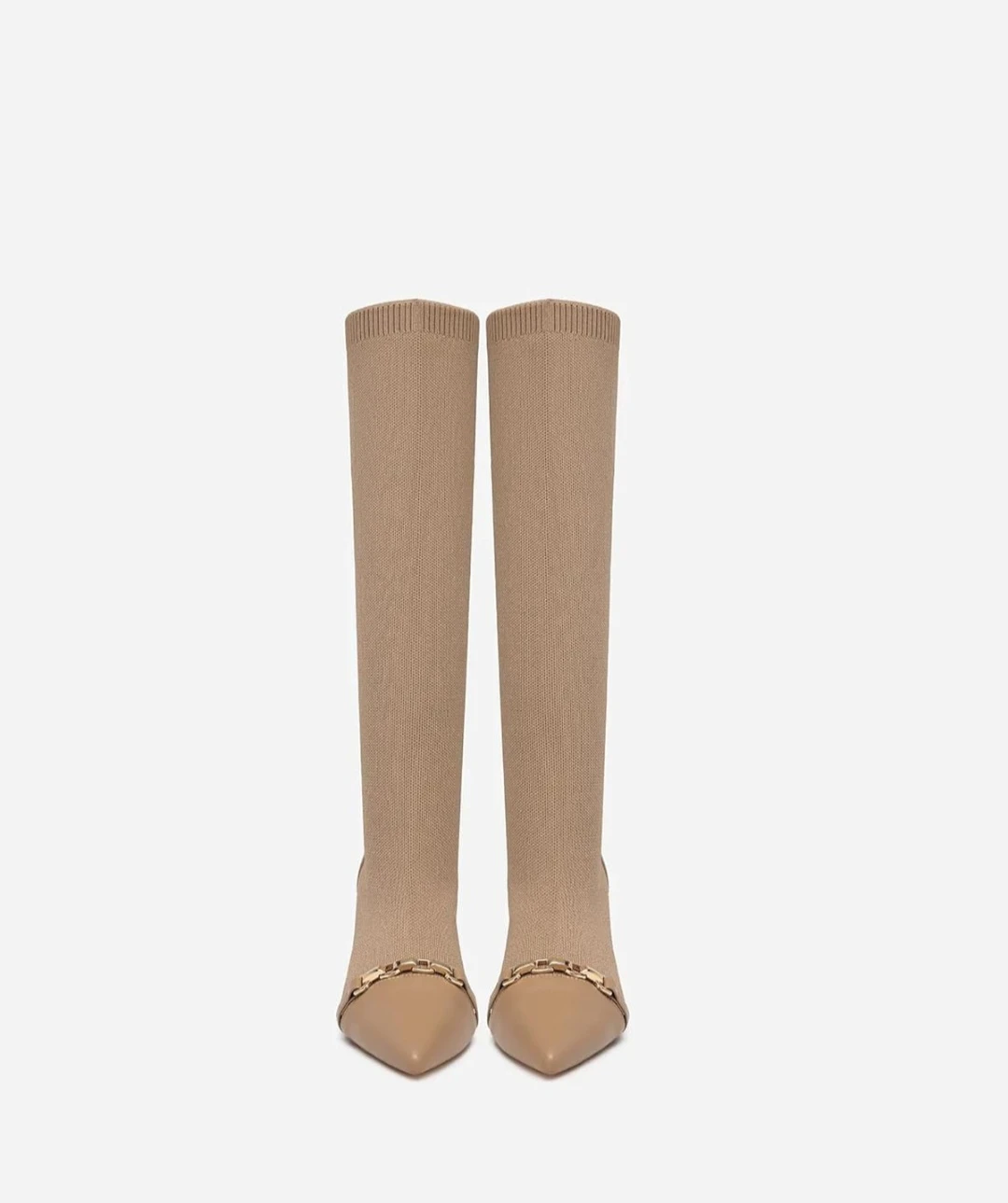 Beige Knit Pointed-Toe Heeled Boots - photo 2