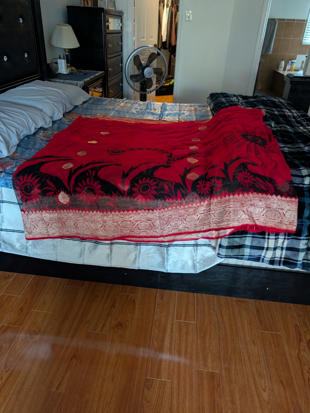 Red and Black Floral Saree