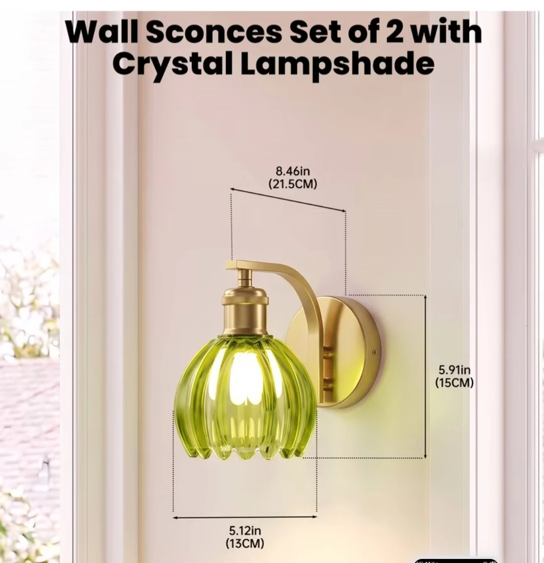 Set of 2 Green Glass Wall Sconces with Brass Finish - photo 3