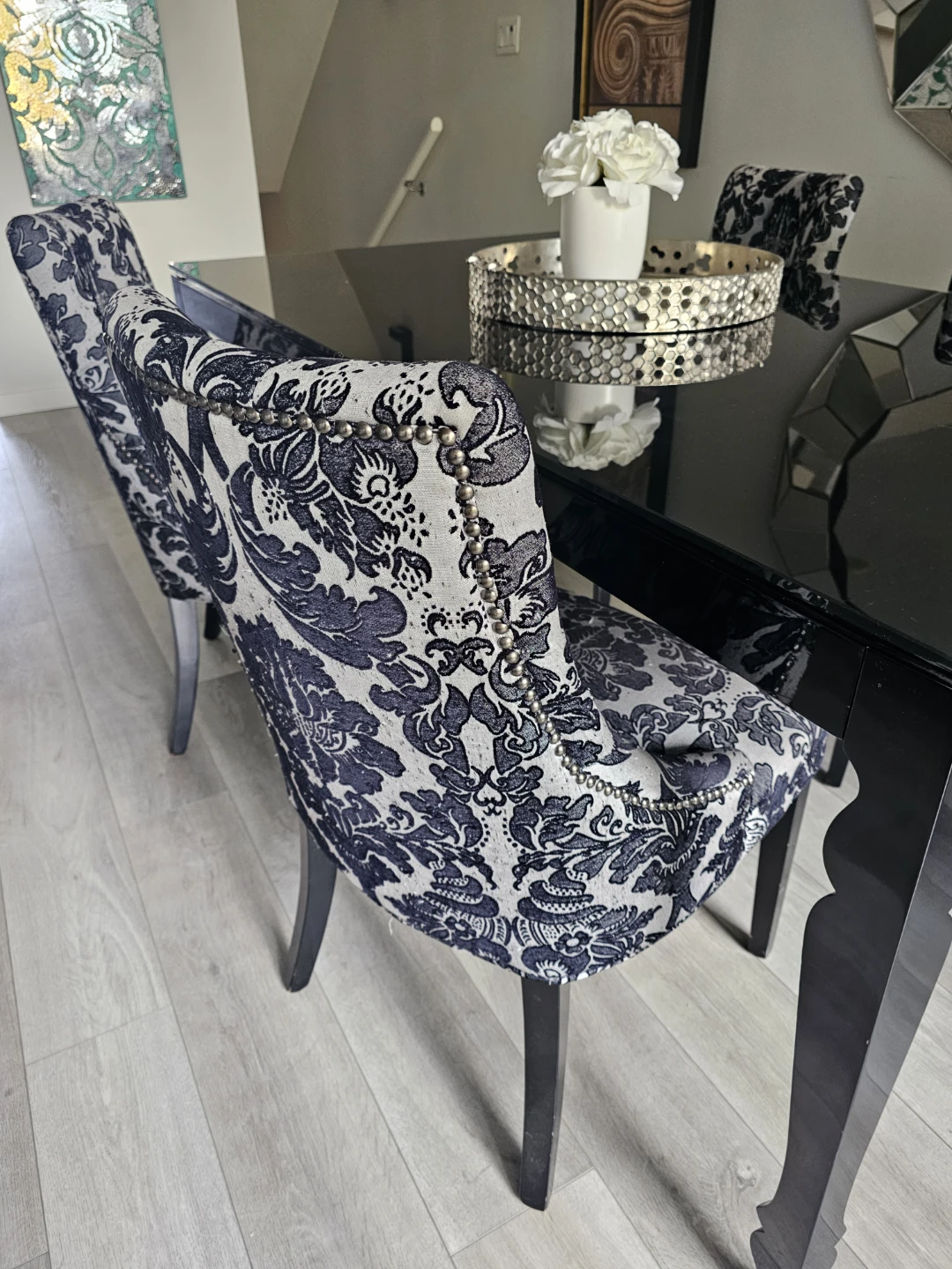 Black Dining Table with 4 Damask Pattern Chairs - photo 2