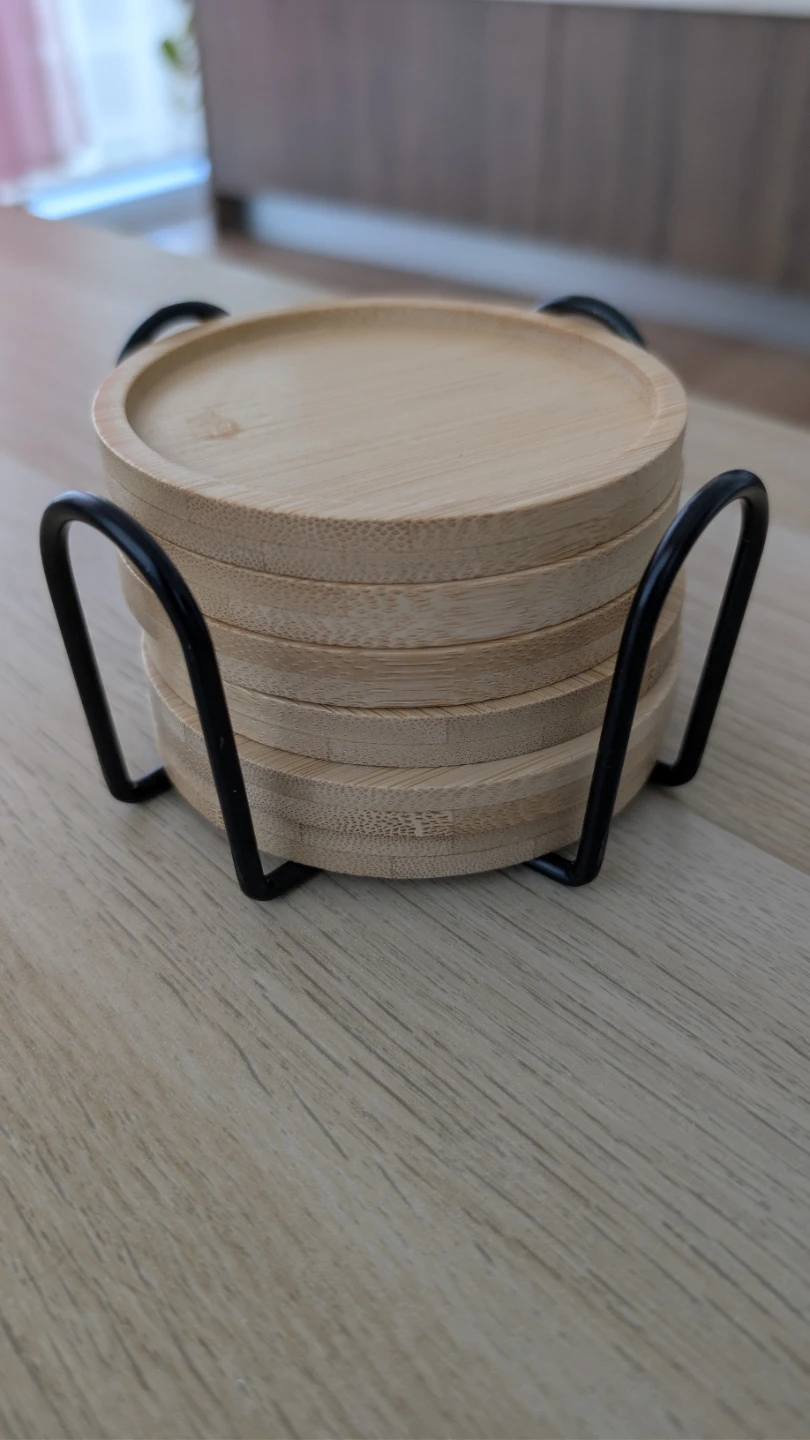 Set of 6 Round Bamboo Coasters with Metal Stand