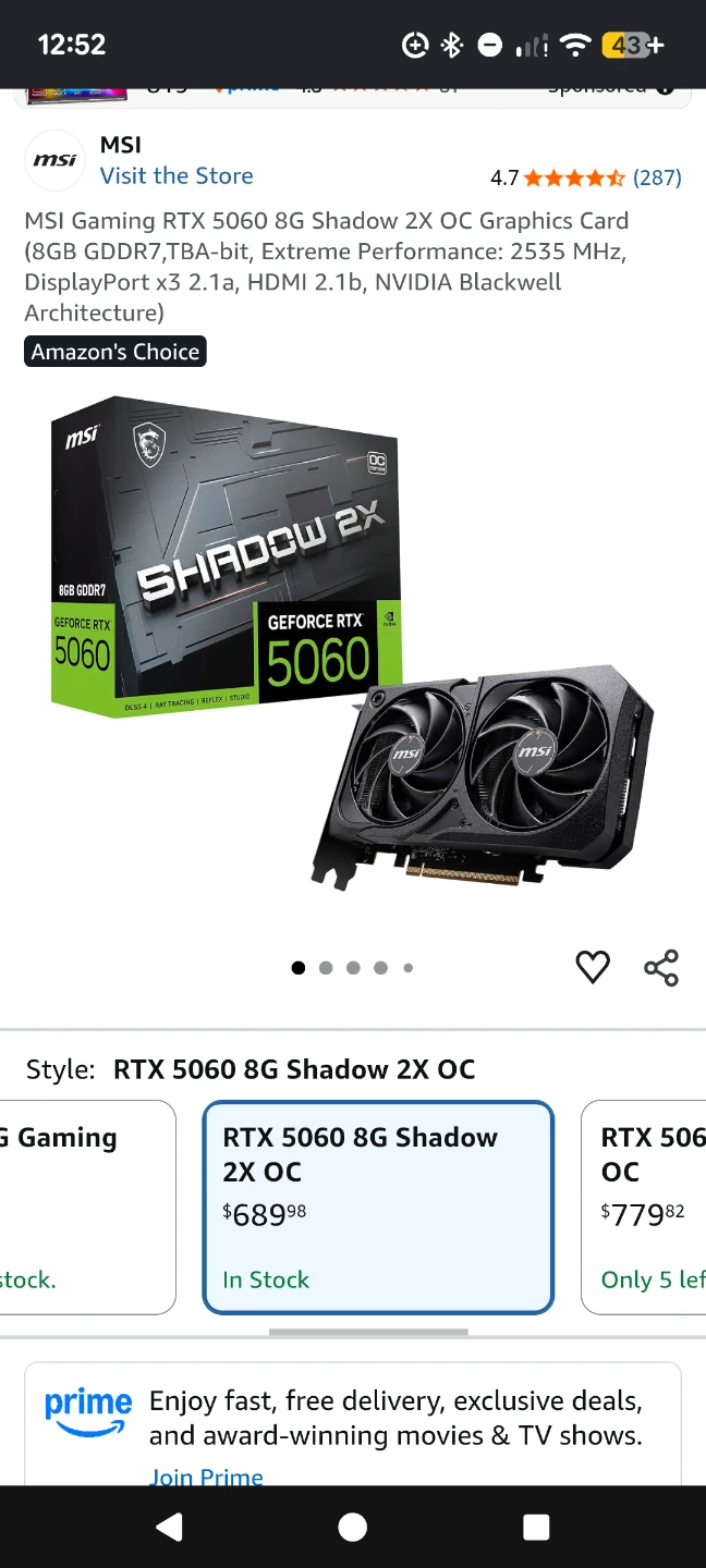 MSI GeForce RTX 5060 8G Shadow 2X OC Graphics Card