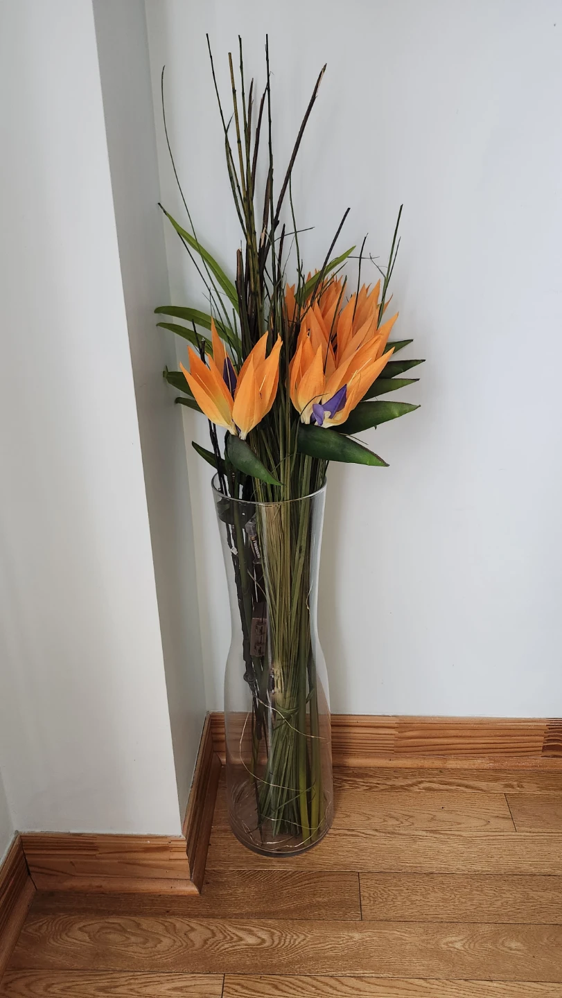 Artificial Bird of Paradise Flowers in Glass Vase
