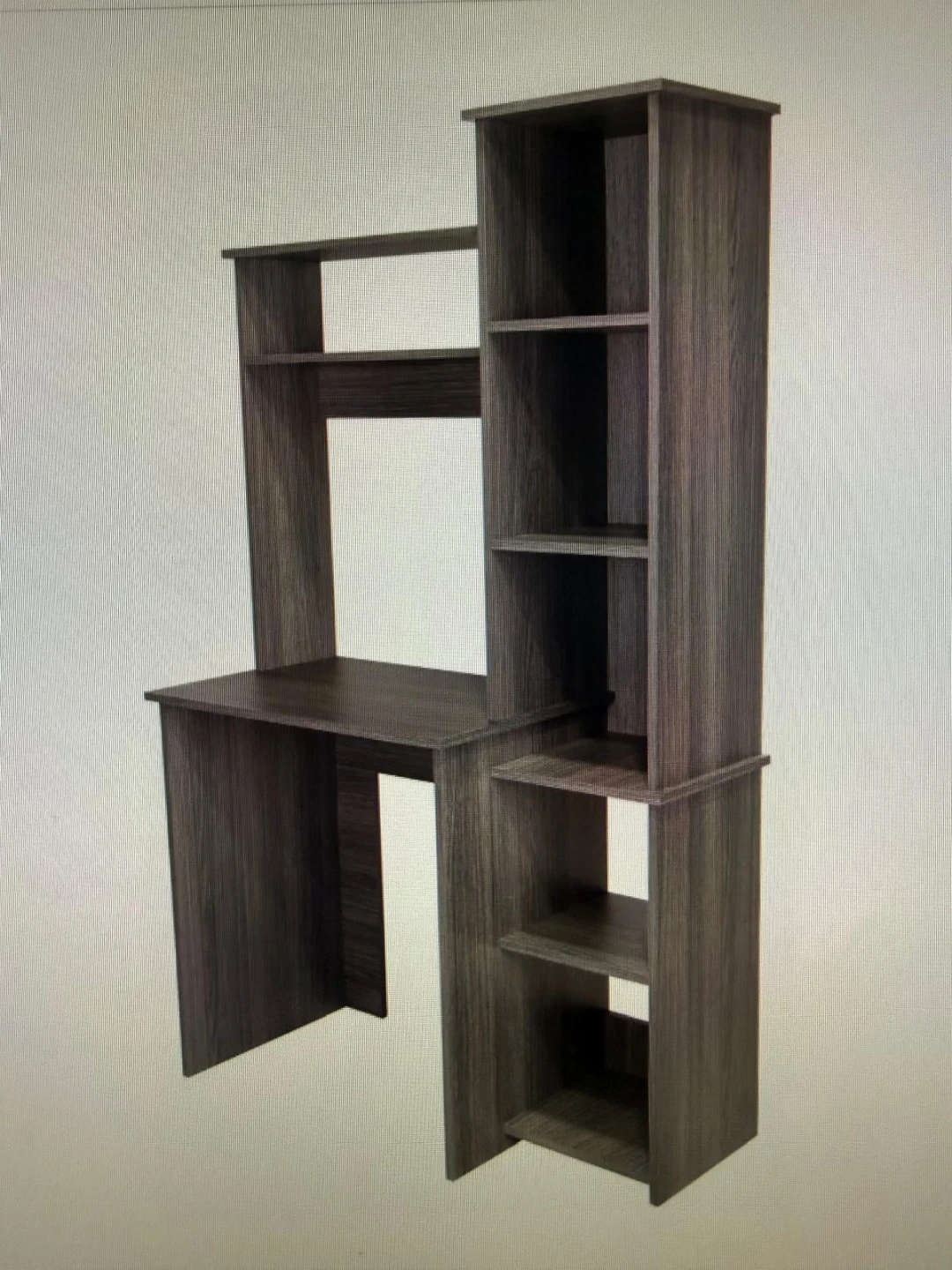 Gray desk and bookshelf