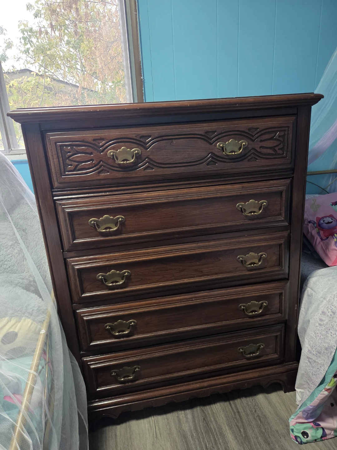 Vintage Five-Drawer Wooden Dresser