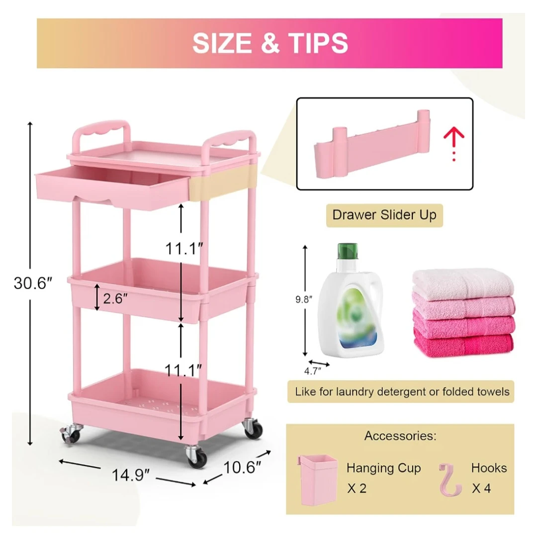 Pink 3-Tier Rolling Kitchen Storage Cart – $40 - photo 2
