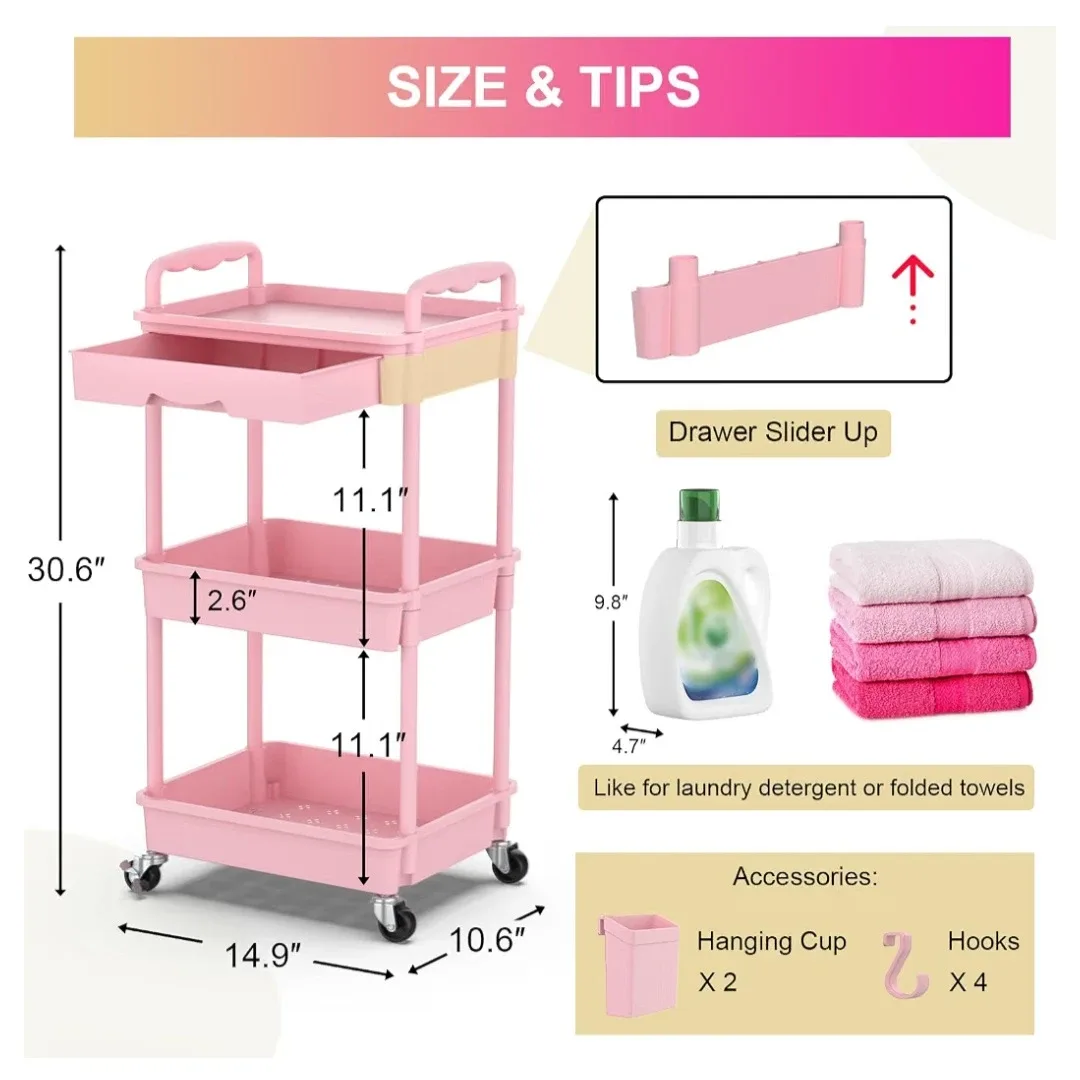 Pink 3-Tier Rolling Kitchen Storage Cart – $40 - photo 2