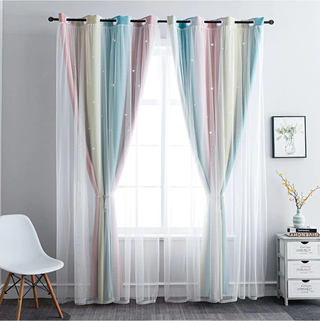 Rainbow Star Blackout Curtains with Sheer Overlay - photo 3