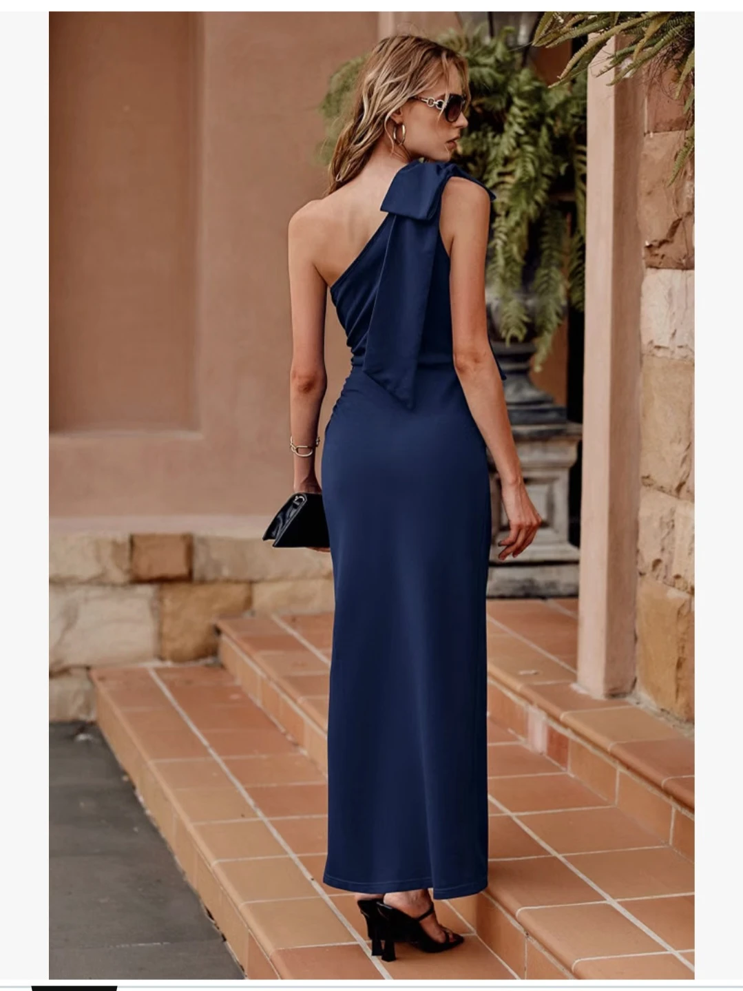 Navy One-Shoulder Bow Ruched Maxi Dress - photo 2