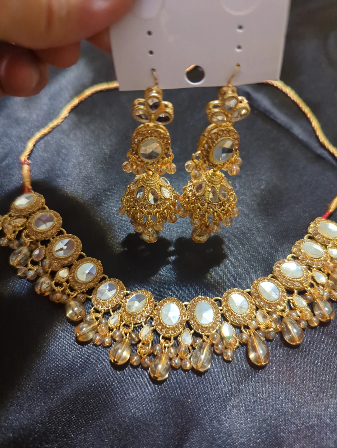 Gold Tone Mirror Jhumka Earring and Necklace Set