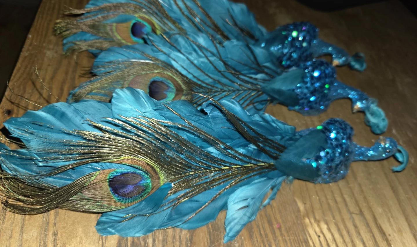 Vintage Set of 4 Blue Glitter Peacock Ornaments - photo 3