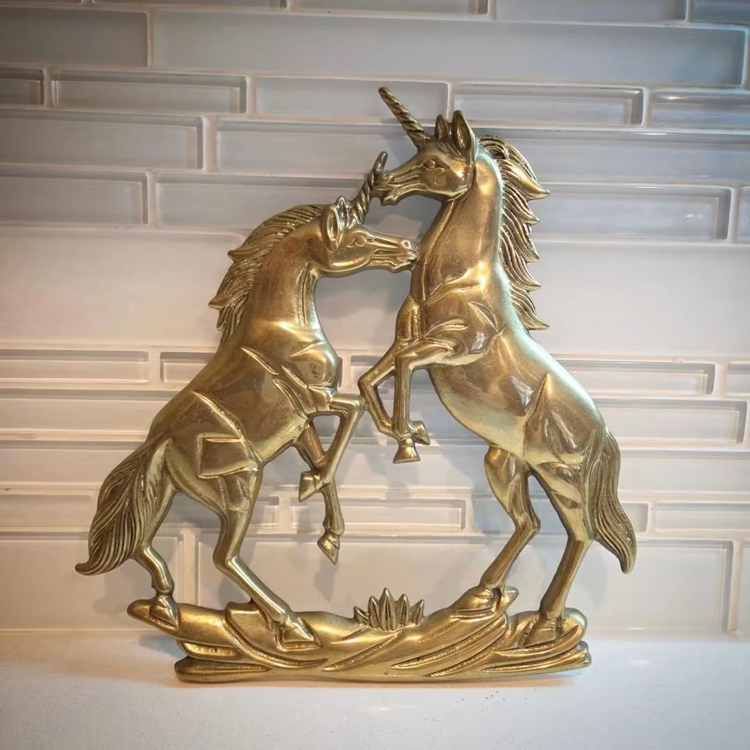 Vintage Brass Unicorn & Horse Wall Hanging