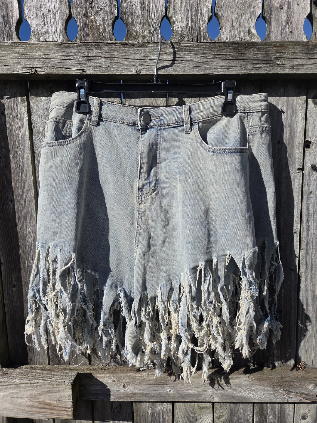 Light Wash Distressed Fringed Denim Skirt