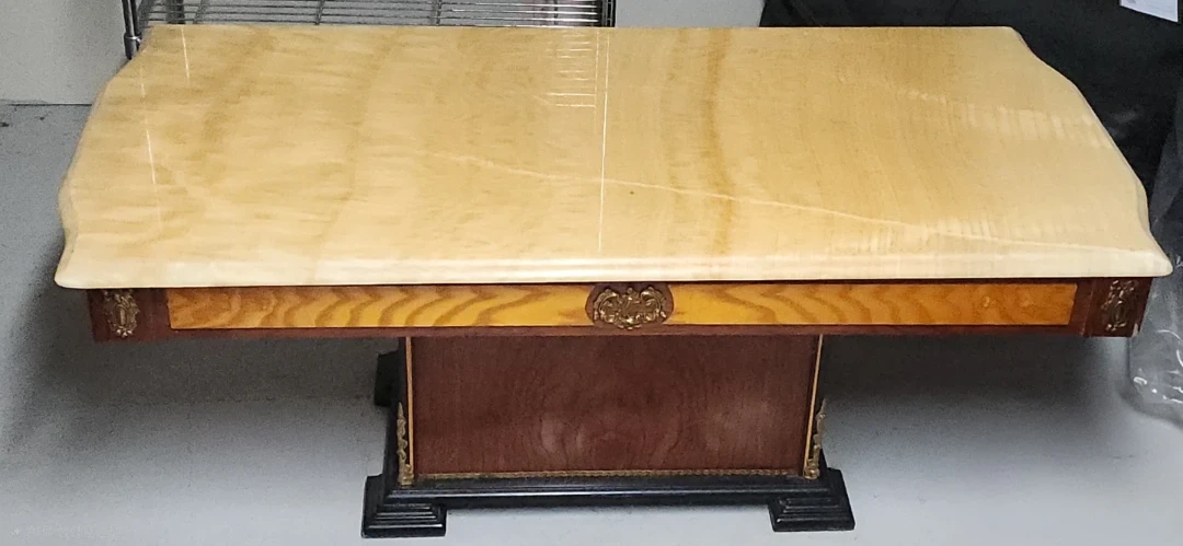 Vintage Honey Marble Coffee Table with Inlay Wood Pedestal