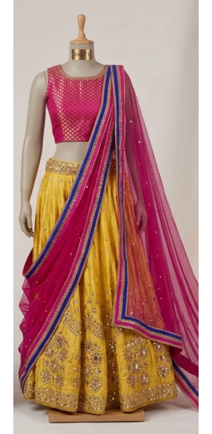 Yellow Lehenga Choli with Pink Blouse and Dupatta - photo 2
