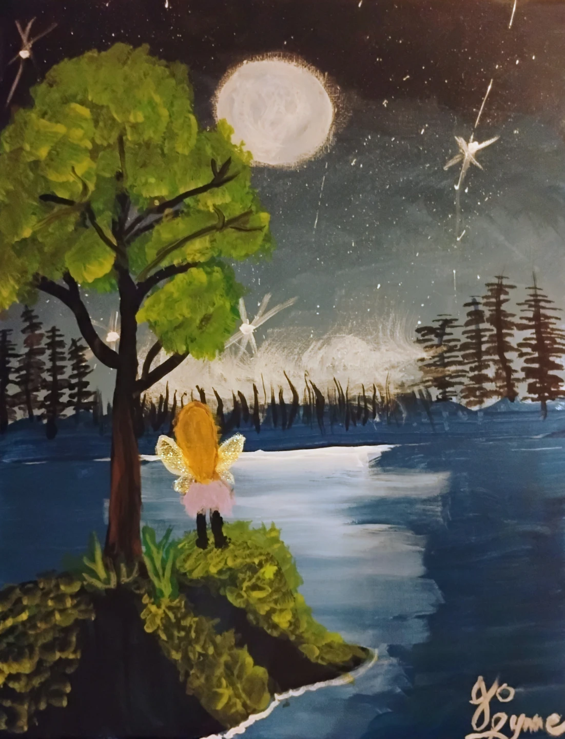 Hand-painted fairy night scene on canvas