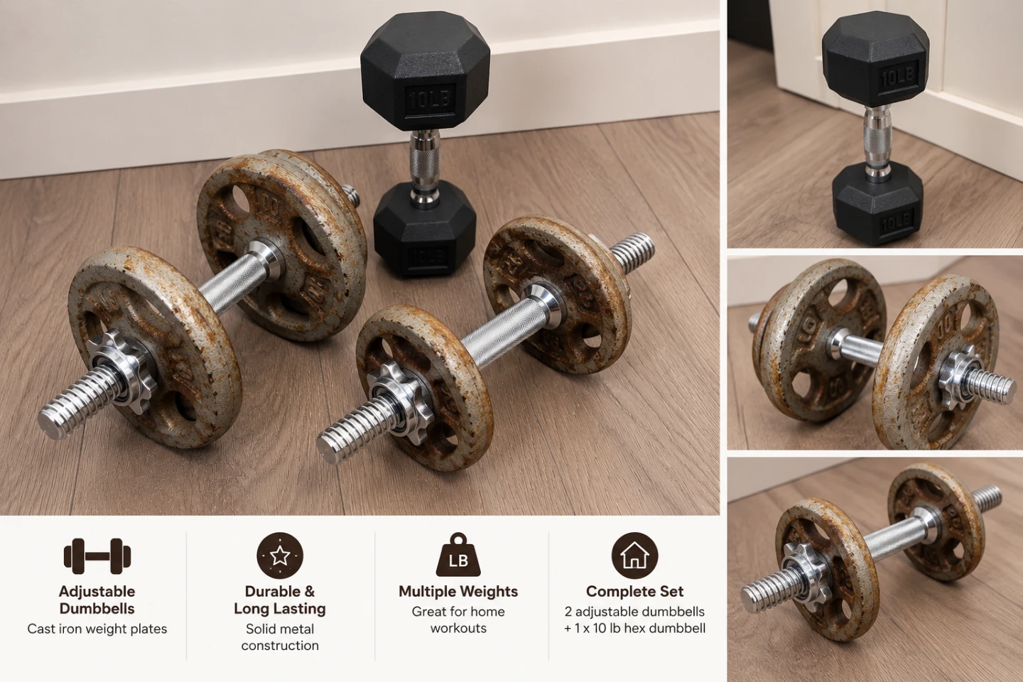 Adjustable Dumbbell Set and 10lb Hex Dumbbell