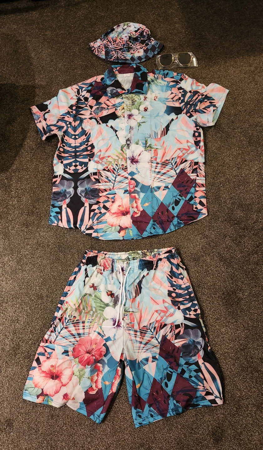 Men's Floral Shirt, Shorts, Hat and Suunglasses Set