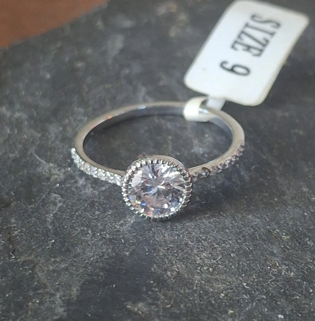 Size 9 - Silver-toned round solitaire ring