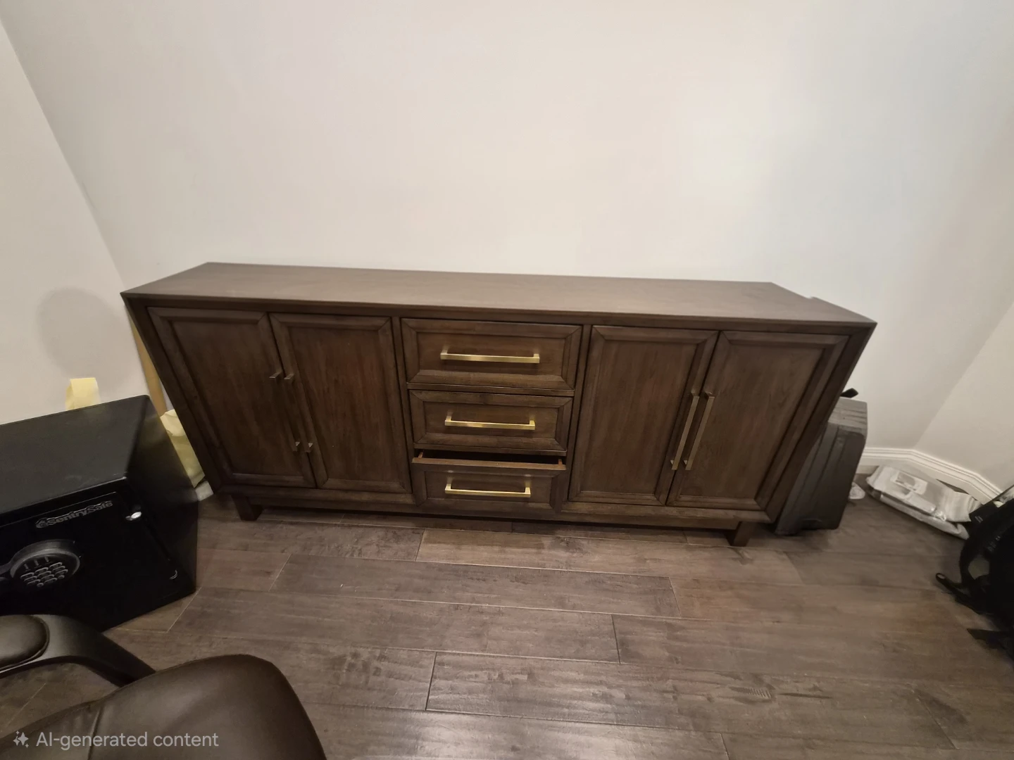 Dark Wood Buffet Cabinet with Gold Handles