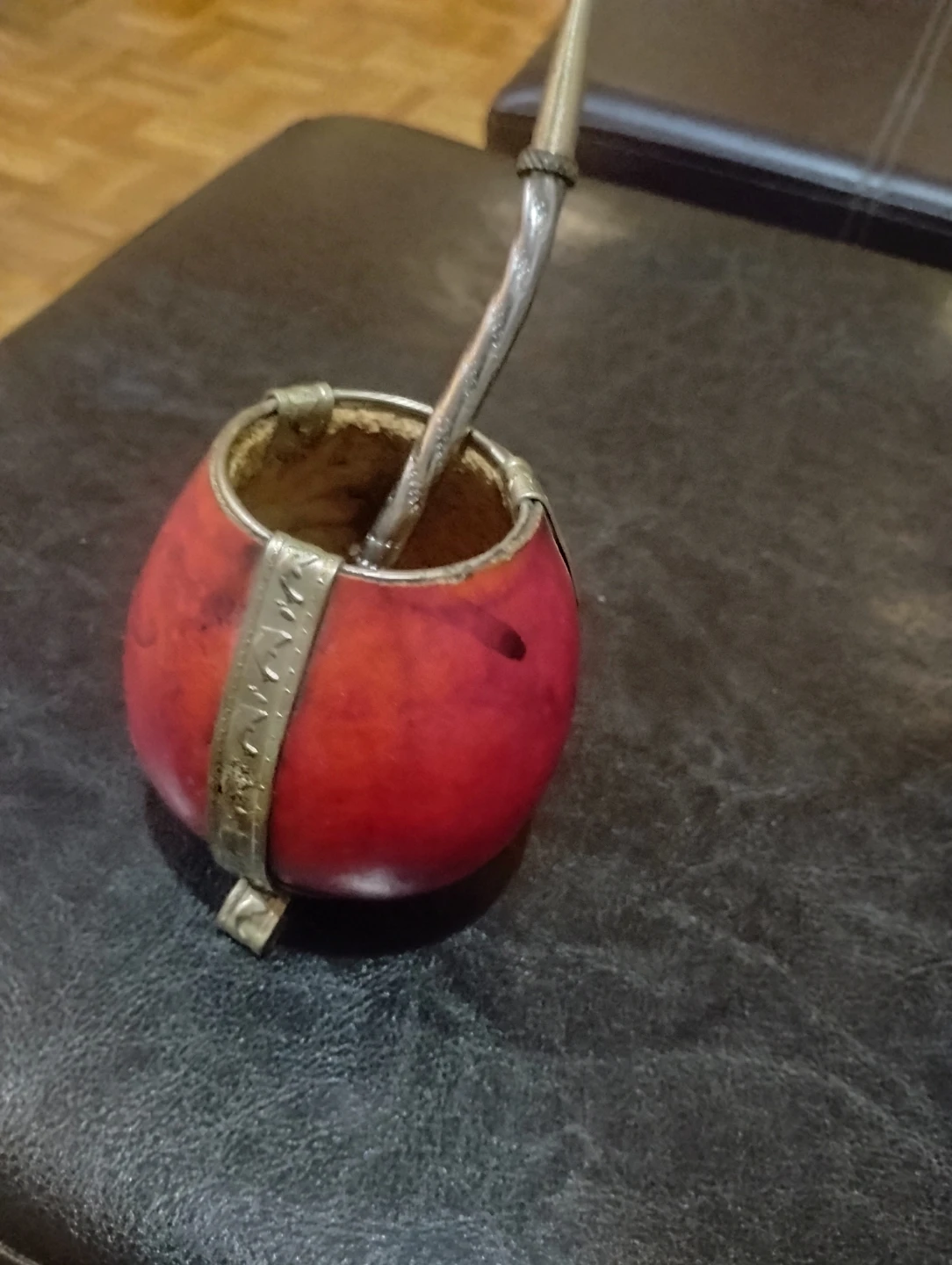 Yerba Mate Gourd with Bombilla with silver trim and bottom