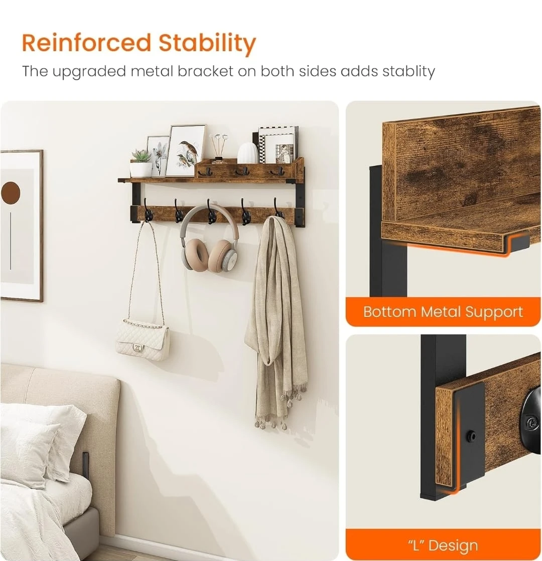Rustic Wall Shelf with Hooks - photo 3