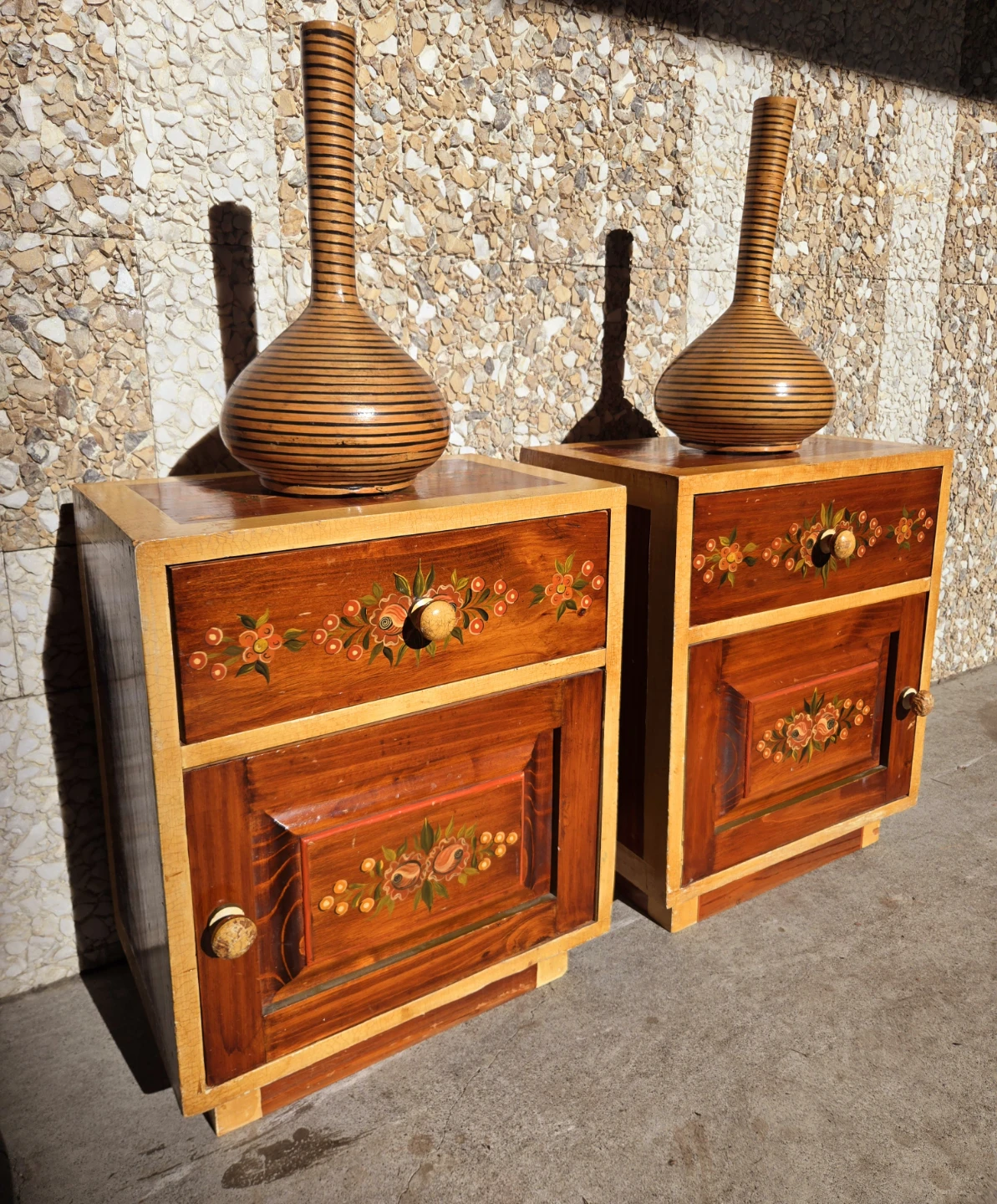 Pair Of Vintage Walnut Nightstands With Flower Theme - photo 2