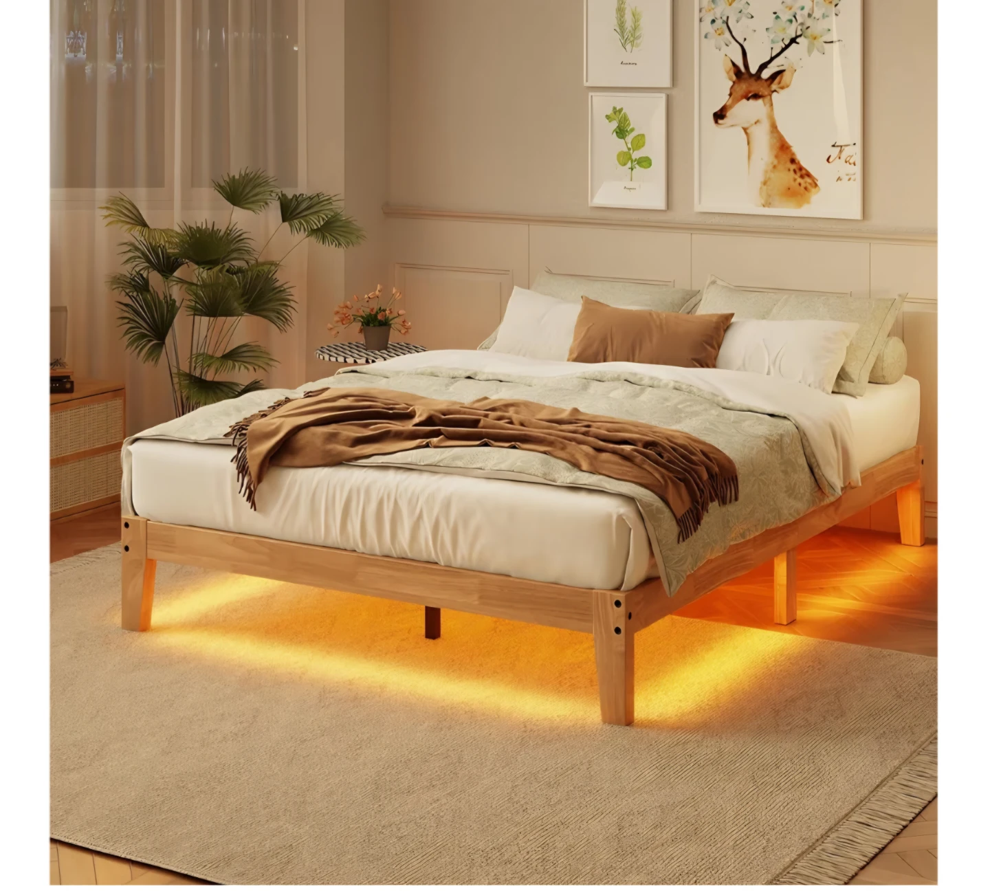 King Wooden Bed Frame with LED Lighting