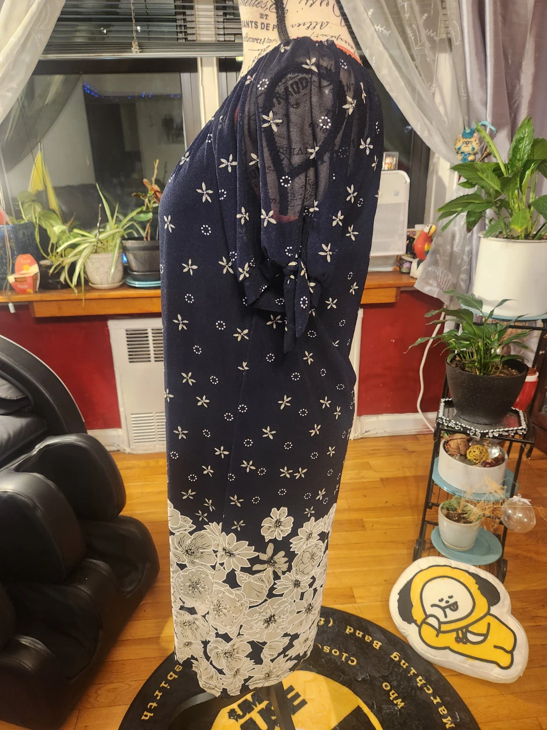 EMBER Size Navy Blue Floral Border Print Sheer Tie Sleeve Dress - photo 3