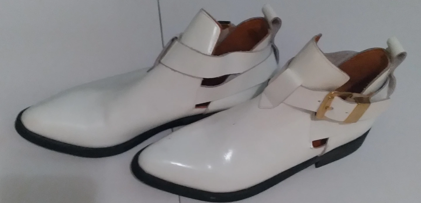 White Leather Ankle Boots with Gold Buckle - photo 2