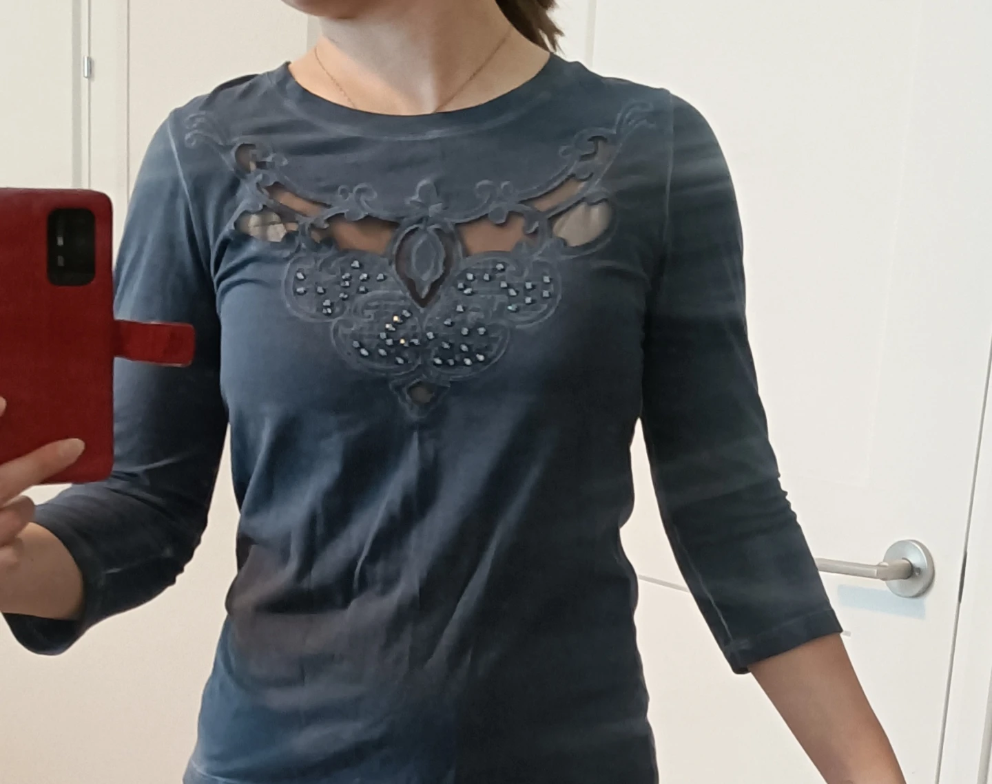 Glenfield Blue long-sleeved top with lace and bead detailing