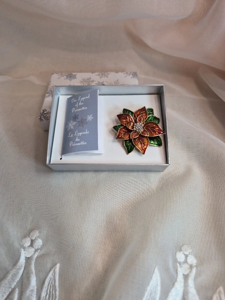 Vintage Red & Green Enameled Poinsettia Christmas Fashion Brooch