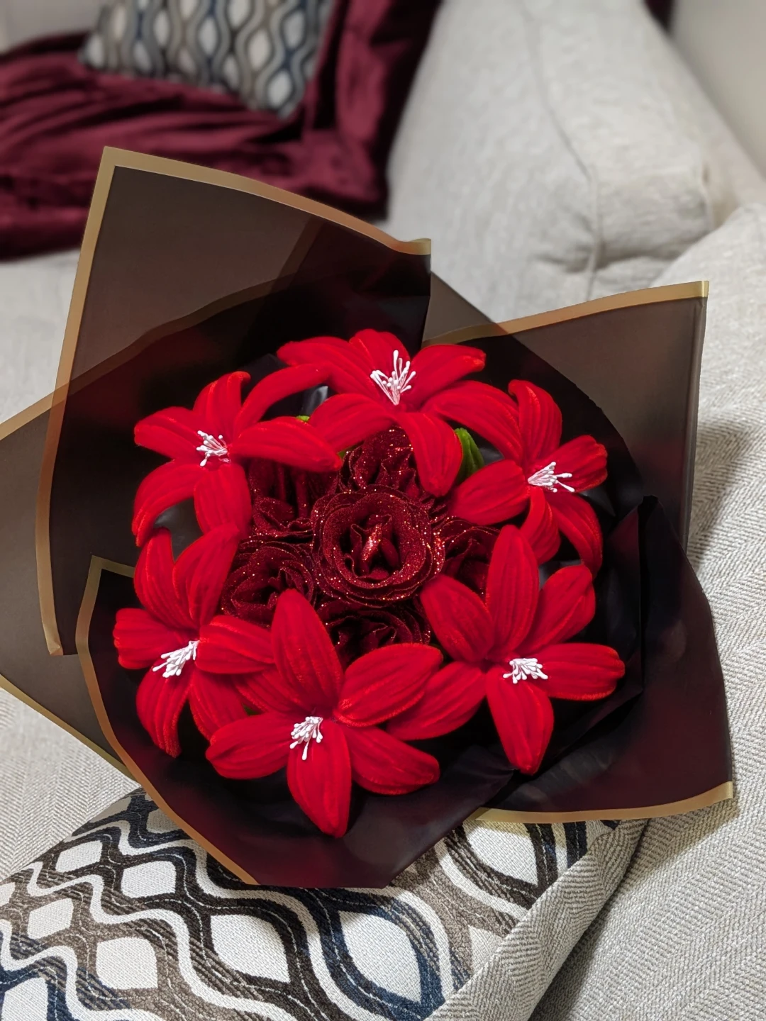 Nush customized Red Glitter and Velvet Artificial Flower Bouquet