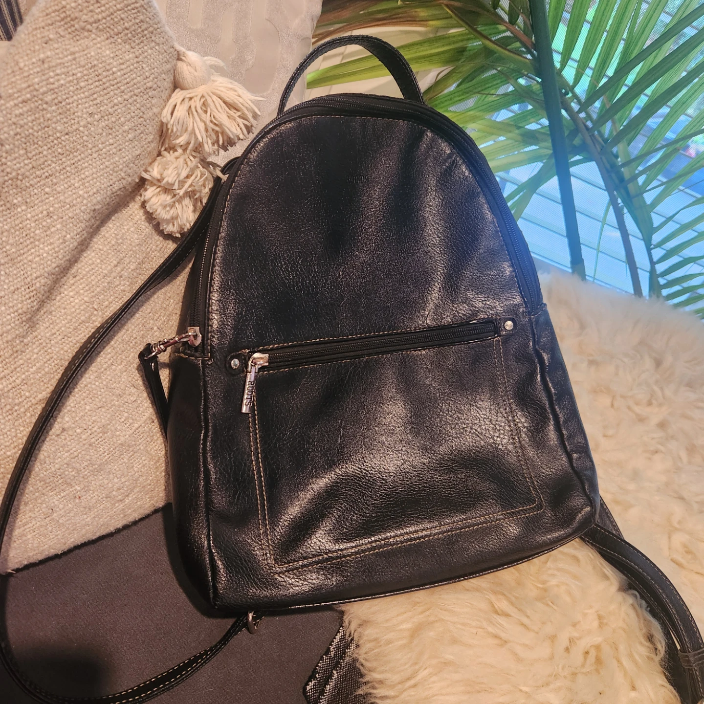 Roots Black Leather Backpack