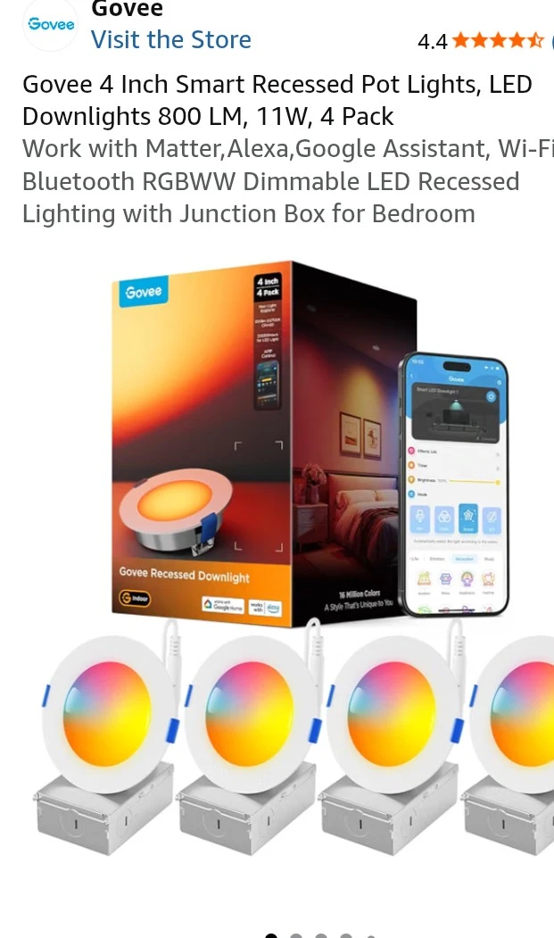 Govee 4 Inch Smart LED Recessed Pot Lights 4-Pack