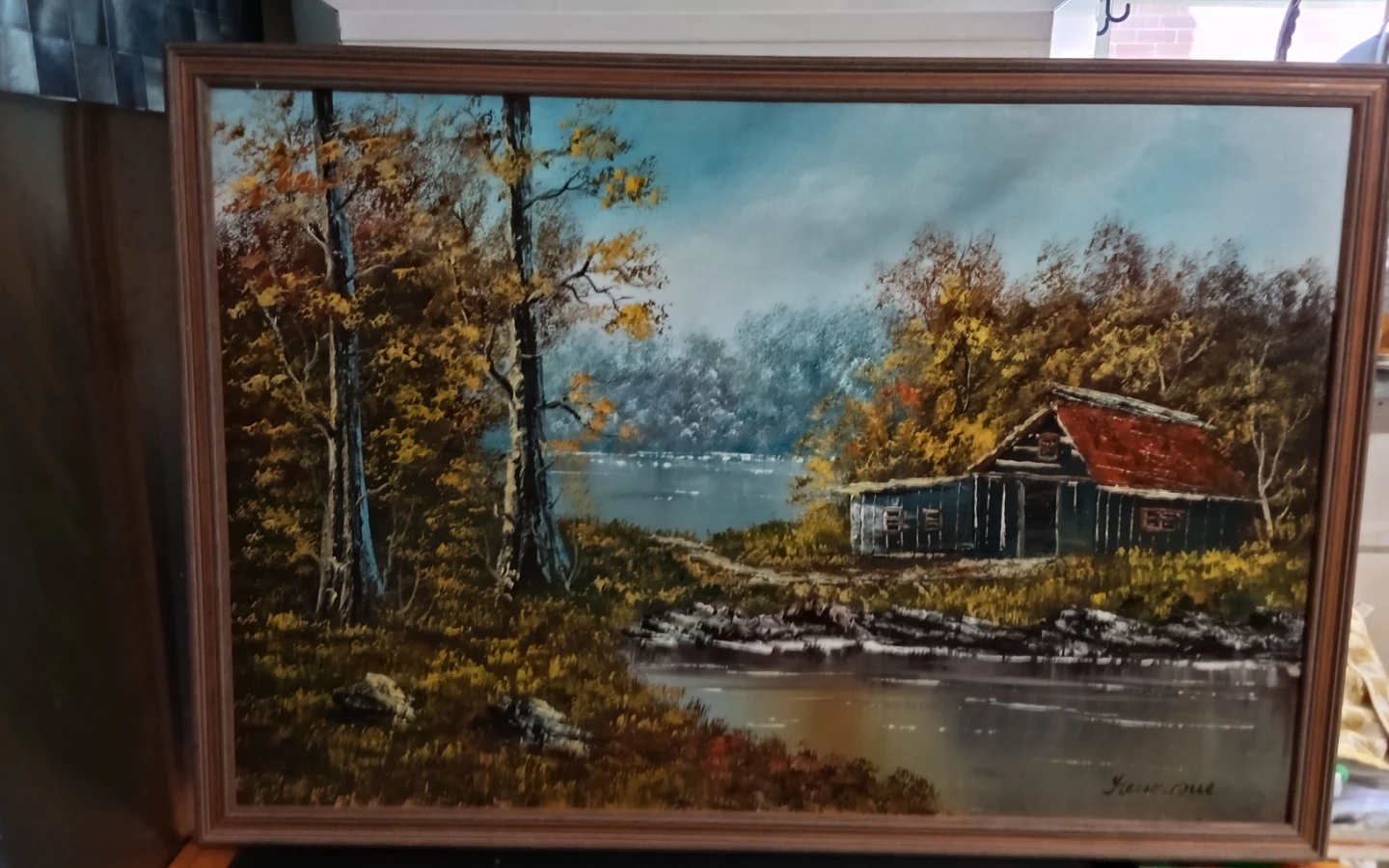 Framed Cabin Oil Painting Signed "Henrique"