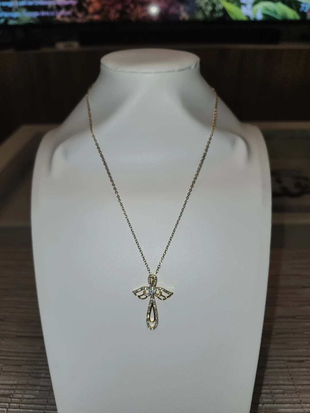 Gold-Toned Angel Cross Necklace with Crystals - photo 5